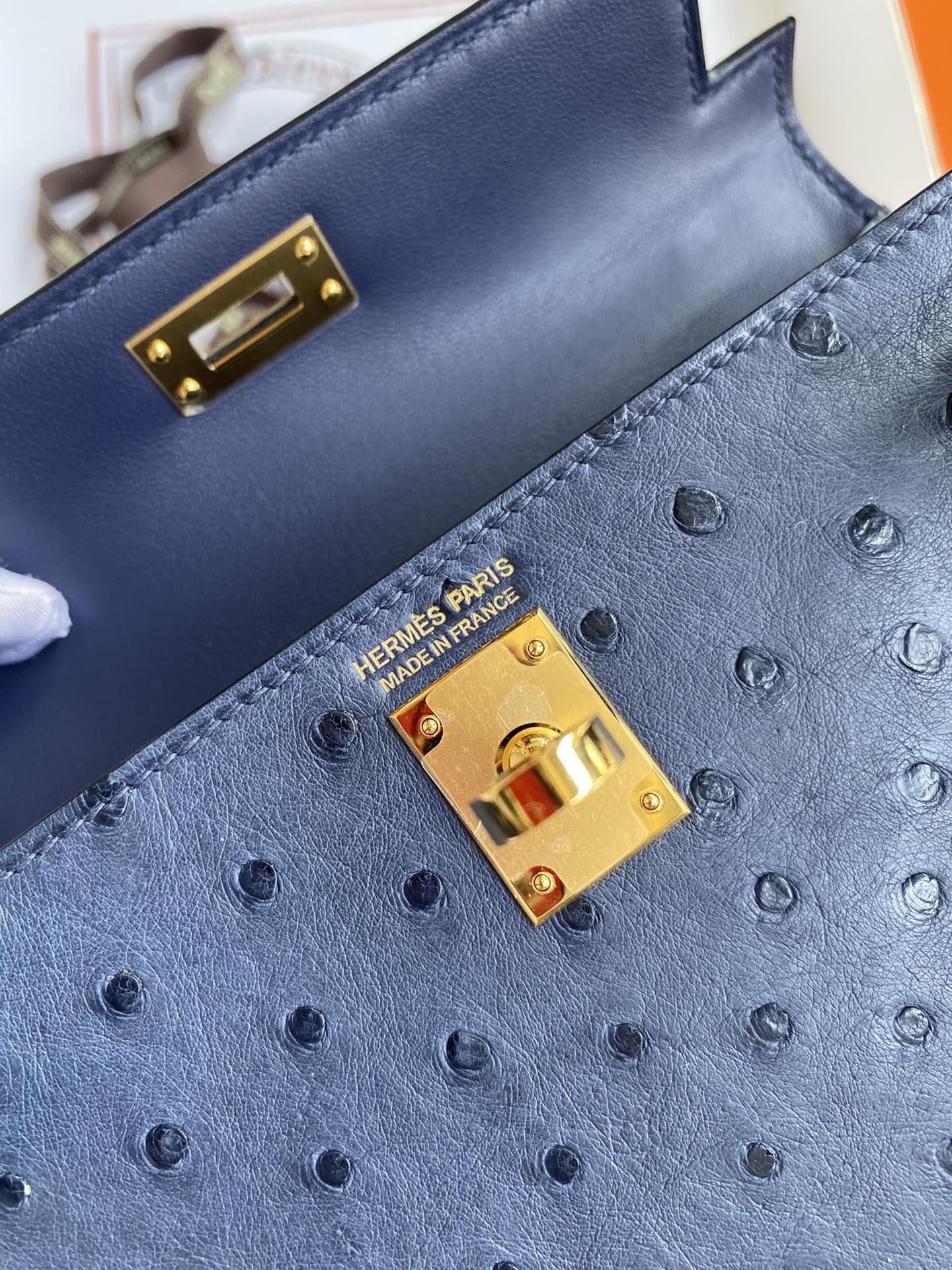 Hermes Kelly Mini II Bag 19CM In Blue Iris Ostrich Leather